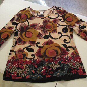 Monroe & Main Sequined Floral Cotton 3/4 Sleeve Autumn Colors Top